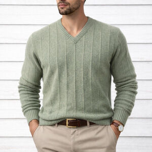 Italian Merino Angora Wool V Neck Sweater Mens L Ashworth Luxury Sage